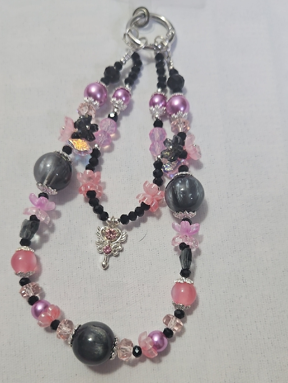 Handcrafted Pink & Black Beaded Purse/Phone Charm
